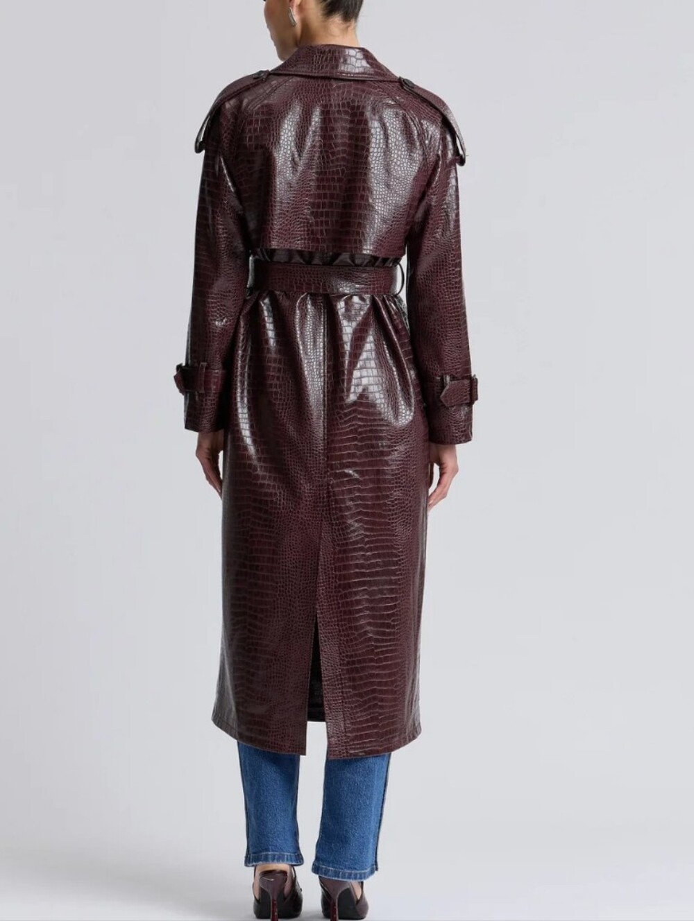 Avec Les Filles Dark Burgundy Croc-Embossed Trench Coat - Picture 2 of 10